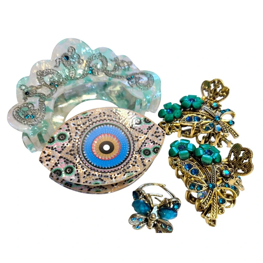 Boho Hair Claw Clip‎ Set 5pc Evil Eye Dragon Butterfly Floral Green Blue Gold